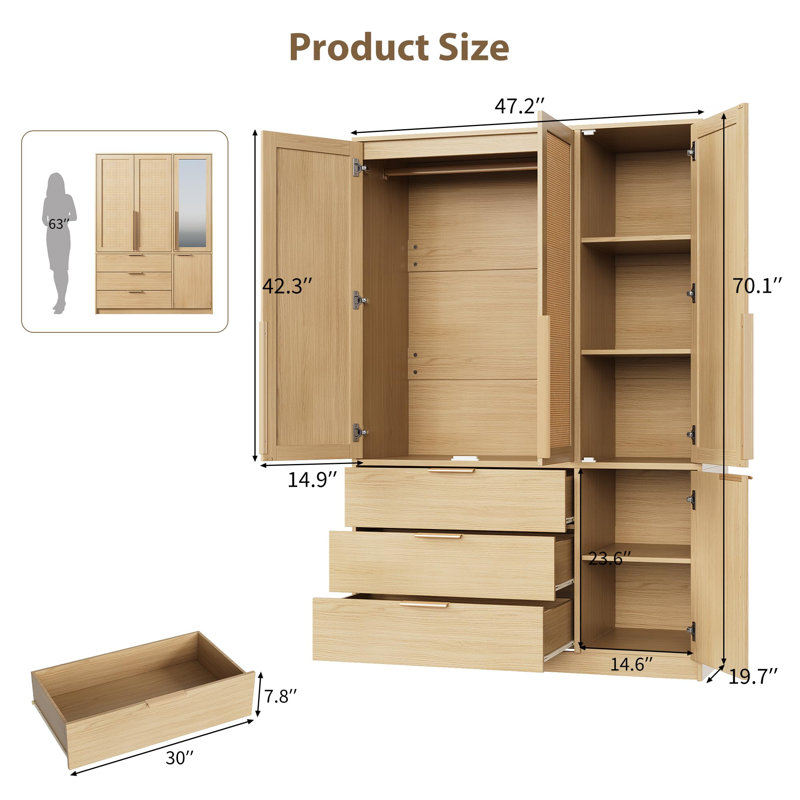 Armoire-penderie de 178 cm de haut avec miroir pleine longueur, en bois, avec tringle et 3 tiroirs pour chambre à coucher
