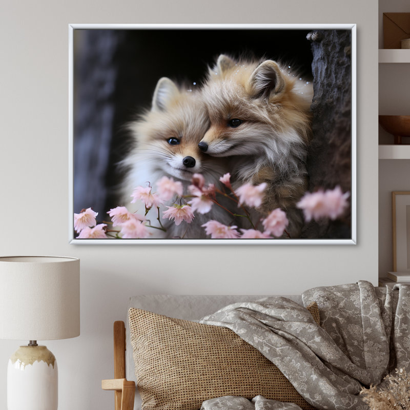 «Springtime Foxs Gaze I», art mural animal, Cadre flottant doré, H 16 po x l 32 po x P 1 po
