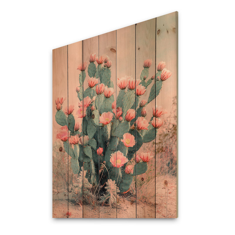 Pastel Cactus Bloom In The Desert IV - Floral Cactus Wood Wall Decor - On Natural Pine Wood, 20" H x 10" W x 0.78" D