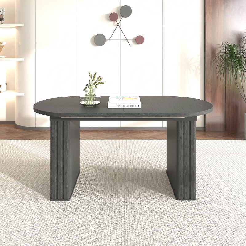 Extendable Dining Table 4-8 Person Oval Wooden Strip Base Family, Black