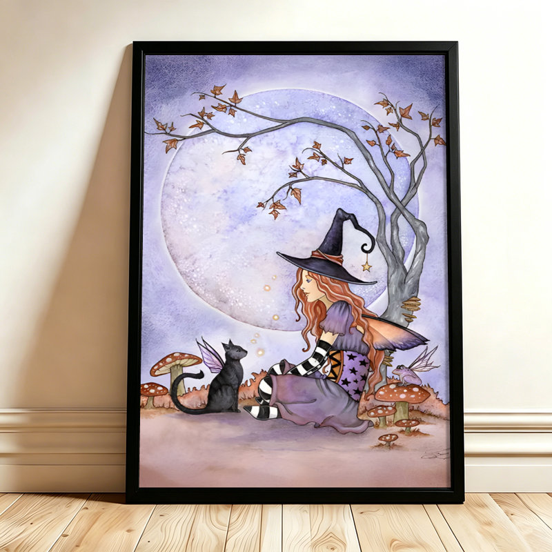 Sorcière d'Halloween avec son chat et une fée sous un arbre, tableau sur toile encadré, cadre marron, 61 x 91 cm, 24x36