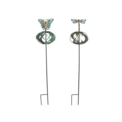 Lindke rustic metal butterfly and dragonfly garden stake wind spinners in bronze, copper verdigris and blue, set of 2 — 27.25-27.75 in. high