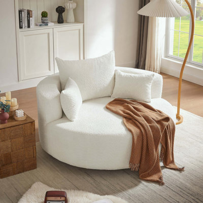 Oversized 360° Swivel Round Chenille Chair – 3 Pillows – Beige