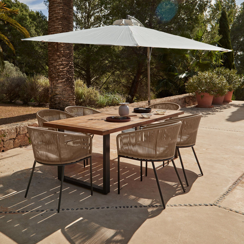 Fabiano Rectangular Dining Set with Cushions and Umbrella, Natural with Cream Parasol, 7 Pieces: Table, 6 Chairs
