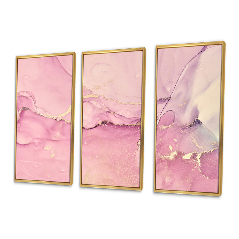 «Pink Marble Waves II», reproduction sur toile flottante 3 pièces, H 28 po x l 36 po x P 1 po, Doré