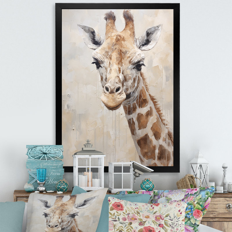 Minimalisme, girafe beige - impressions sur toile, Cadre simple noir, H 32 po x l 16 po x P 1 po