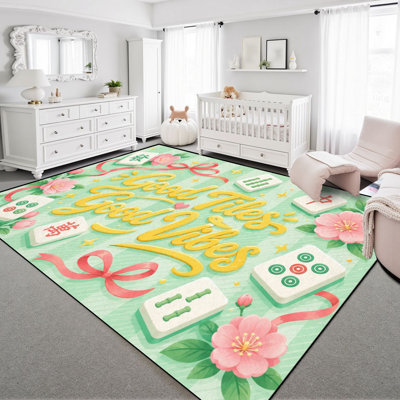 8 x 10 tapis pour salle de mahjong Mahjong tuile fleurs roses rubans verts tapis lavable boho pour le salon tapis pour la salle à manger tapis en caoutchouc souple antidérapant pour bureau de chambre de bébé
