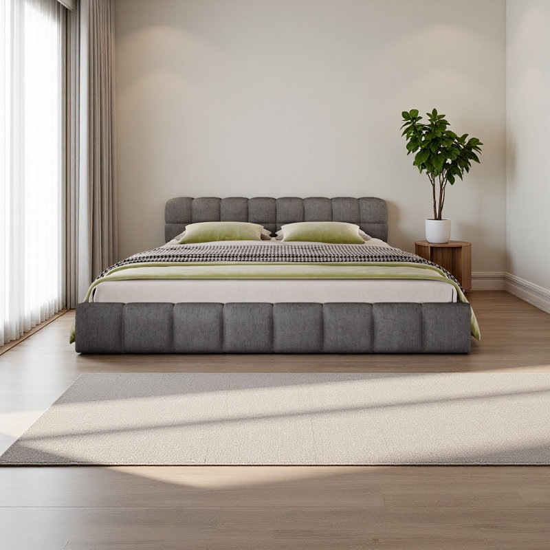 Élégant lit tapissier en chenille avec motif en damier, King