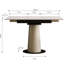 Table d'appoint gain de place à double usage en pierre reconstituée avec base extensible en acier inoxydable gainée de cuir, carrée et extensible pour les petites cuisines, en pierre frittée blanche, profondeur 122 cm, largeur 80 cm.