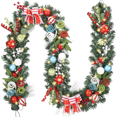  Guirlande de Noël 9 pi avec lumières pour le manteau, guirlande de Noël avec boules et arcs multicolores pour la maison