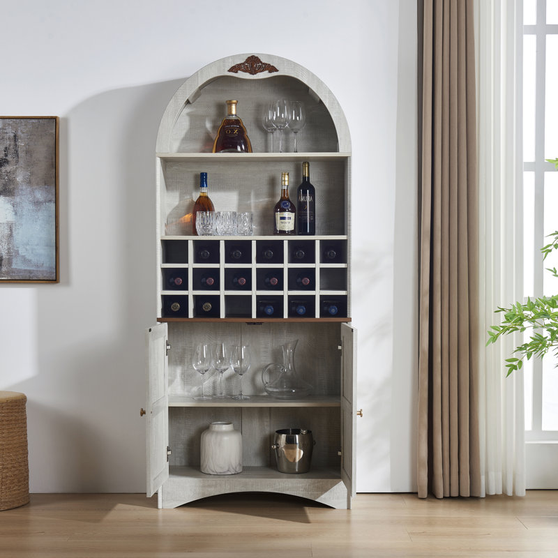 Armoire bar 71 po autoportante arquée avec support à vin amovible et tablettes réglables, Blanchies