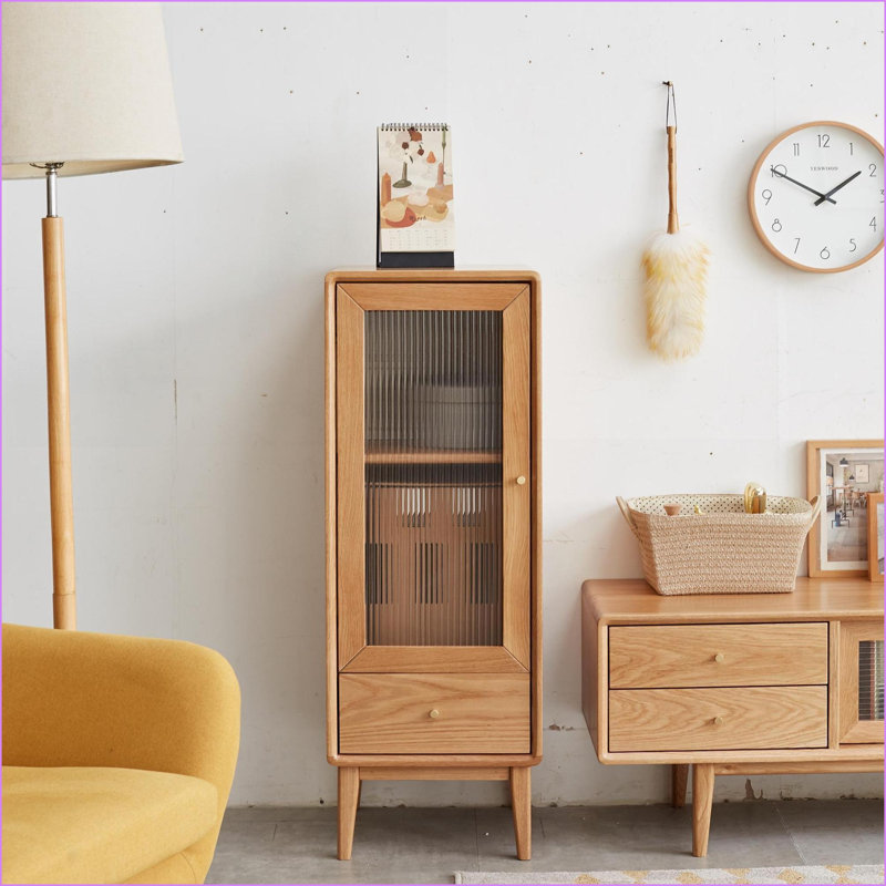 Armoire décorative avec porte vitrée, 2 tablettes, 1 tiroir et poignée en laiton pour le meuble télé d'entrée
