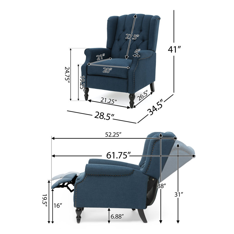 Alta Traditional 28.5" Wide Manual Wingback Recliner Chair with Button-Tufted Diamond Stitching, Dark Blue