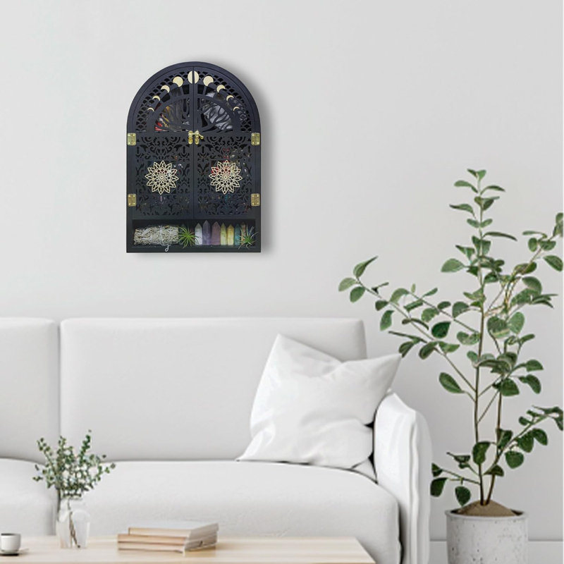 Crescent Moon Phase Wall Shelf With Tree Of Life Carving - Wooden Crystal Display Shelf For Gemstones, Spiritual Decor, And Home Organization