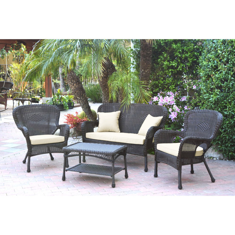 Bellas 4 Piece Sofa Set with Cushions, Espresso, Ivory