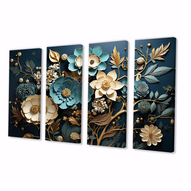 «Blue and Gold Charming Spring Flower Elegance I - Flowers», art mural 4 pièces, H 32 po x l 64 po