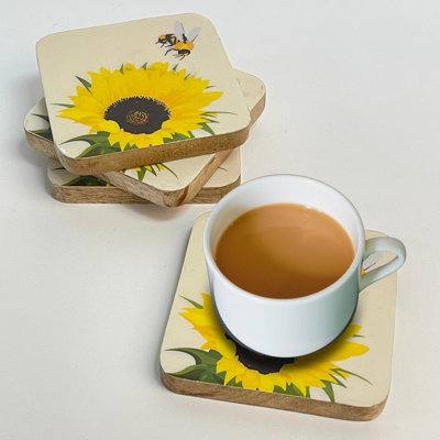 Mango Wood 4 x 4 Sunflower Bee Coasters