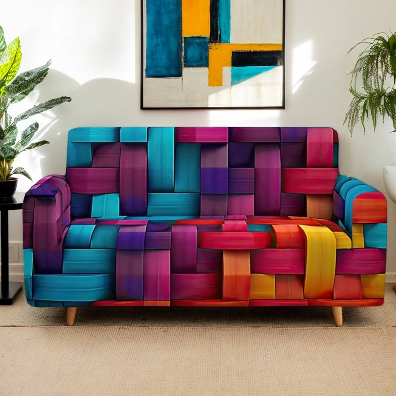 Housse de canapé extensible moderne à blocs de couleurs, protecteur de canapé en microfibre multicolore 90GSM, housse lavable pour canapés de 1 à 4 places