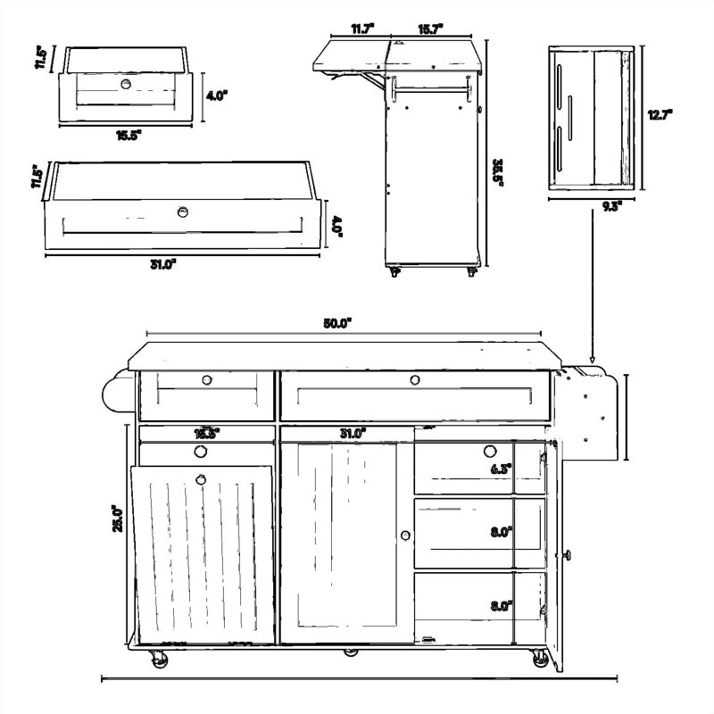 Large Rolling Kitchen Island With Extendable Table, Power Outlets & USB Ports, Mobile Kitchen Cart With Storage Cabinet, Drawers, Spice Rack, Towel And Knife Holder