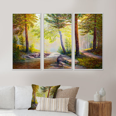 Après-midi, lumière à travers les arbres dans la forêt - ensemble d'art mural sur toile traditionnel encadré de 3