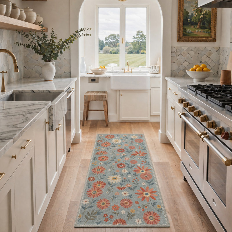 Tapis de couloir floral sarcelle / orange lavable à la machine avec envers antidérapant, Runner 2' x 7'