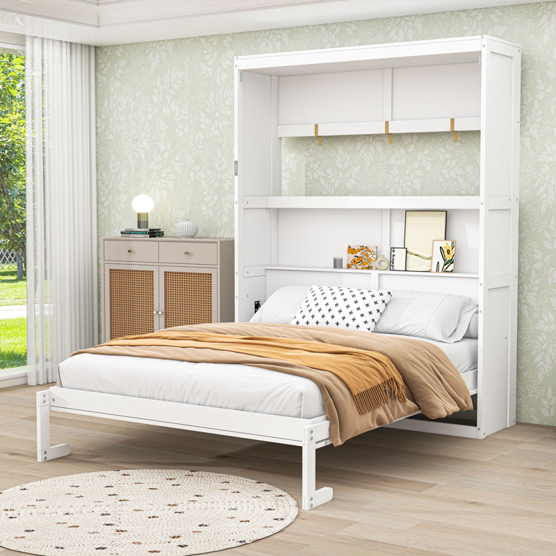 Murphy Bed Cabinet with Built-In Shelves & Hydraulic Lift, Queen, Gray 1