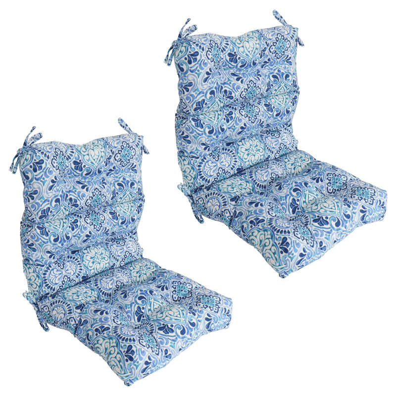Outdoor Tufted Seat/Back Chair Cushions (Set Of 2), 22" W x 21" D, White/Blue/Fiorella Baltic Moroccan