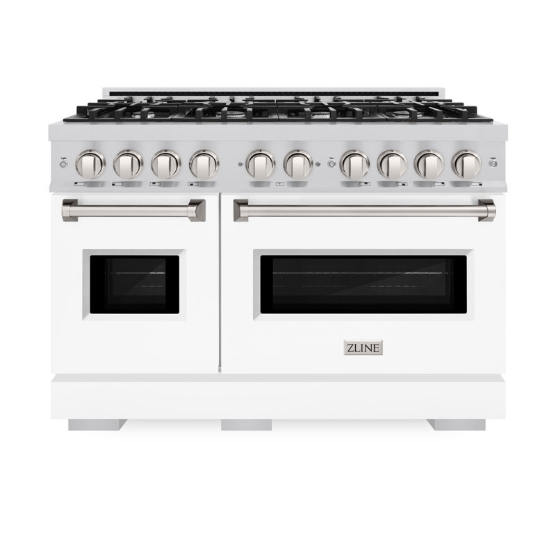 ZLINE 48" Classic Double Oven Gas Range w/ 8 Burner Cooktop & White Matte Doors, Stainless Steel/White Matte