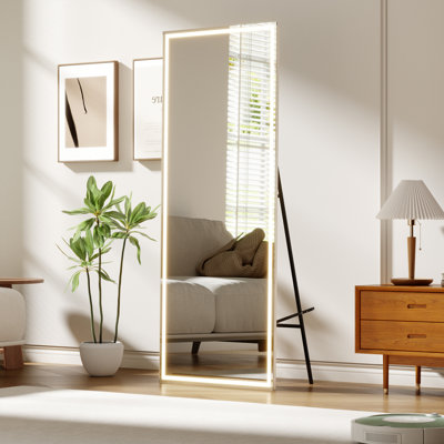 Dimmable 3-Color LED Full Length Mirror – Frameless HD Rectangle Body Mirror, Wall Mounted or Freestanding, Square Right Angle – 71" x 28"