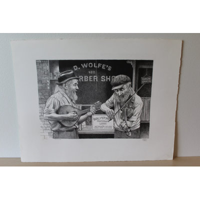 «Old Strings» par Emanuel Schary, sérigraphie en noir et blanc sur papier, 14 x 10