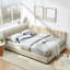  Structure de lit double capitonnée avec dossier et accoudoirs, canapé-lit en velours pour la chambre à coucher ou le salon, beige-2056687895