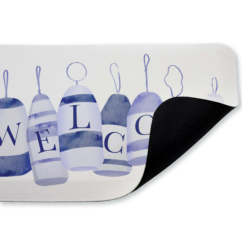 Tapis de sol anti-fatigue Welcome Beach Buoys, design par Ziwei Li, Bouées Welcome Beach