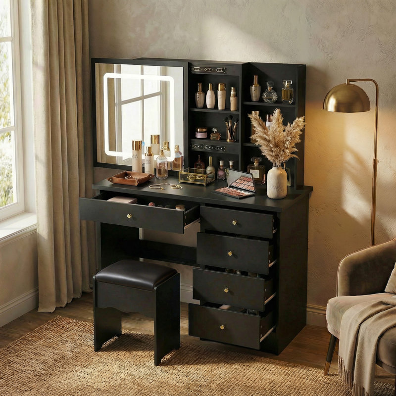 Makeup Vanity Set With Sliding Mirror And Lights, Black