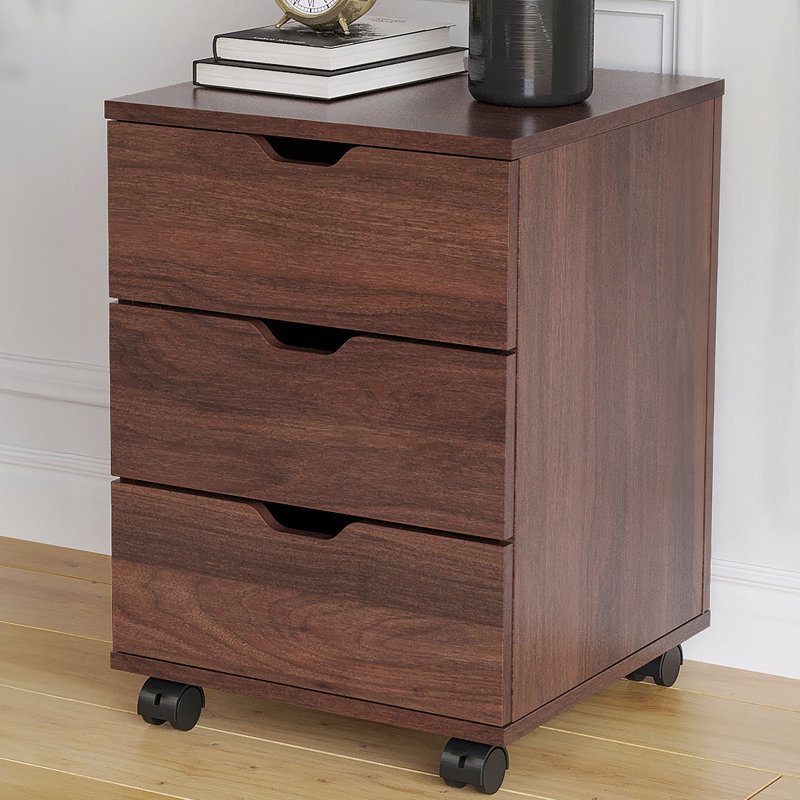 Classeur vertical à 3 tiroirs avec classeurs mobiles en bois sous le bureau pour roulettes (entièrement assemblé), Brun