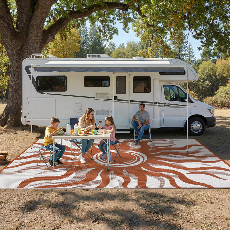 Modern Reversible Abstract Outdoor Area Rug - Stain Resistant, UV Resistant, Washable , Waterproof, Red, Rectangle 9' x 12'