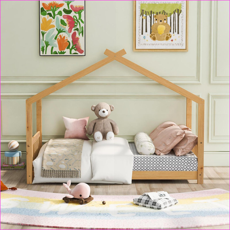 Twin Size Pine Wood Platform Bed Frame with House Roof Design, Natural Finish, No Box Spring Needed for Bedroom, Natural