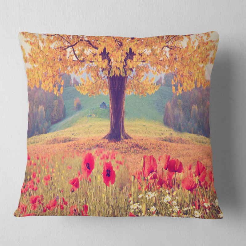 Paysage avec coquelicots - Coussin imprimé paysage, 16 po x 1 po, Coussin décoratif