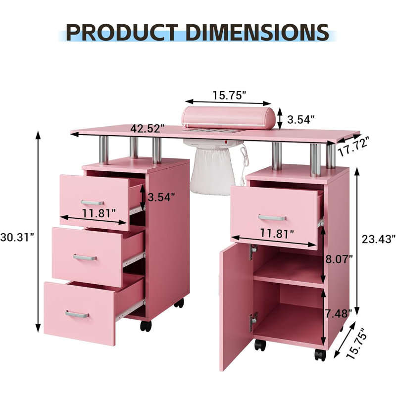 Table de manucure, table de salon de manucure avec dépoussiéreur électrique, bureau de clou ergonomique pour Nail Tech avec repose-poignet