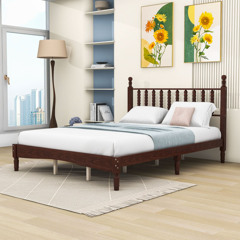 Lit plateforme rétro en bois avec tête de lit en forme de gourde, Noyer, Grand lit