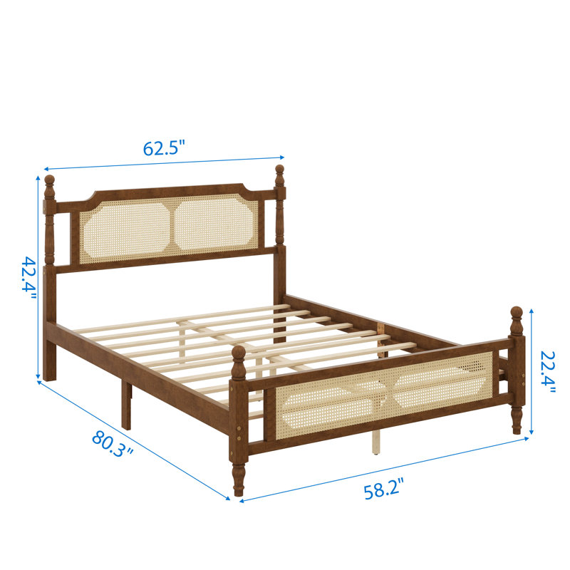 Structure de lit grand format en bois rehaussée d'une tête de lit à motif de rotin, Noyer
