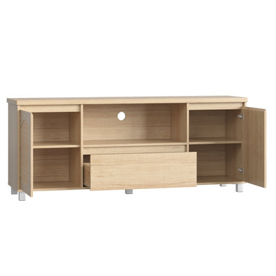 Meuble télé en chêne de 63 po pour téléviseur de 70 po ou moins - Armoire multimédia en rotin avec tiroir de rangement et tablettes ouvertes pour le salon ou la chambre à coucher