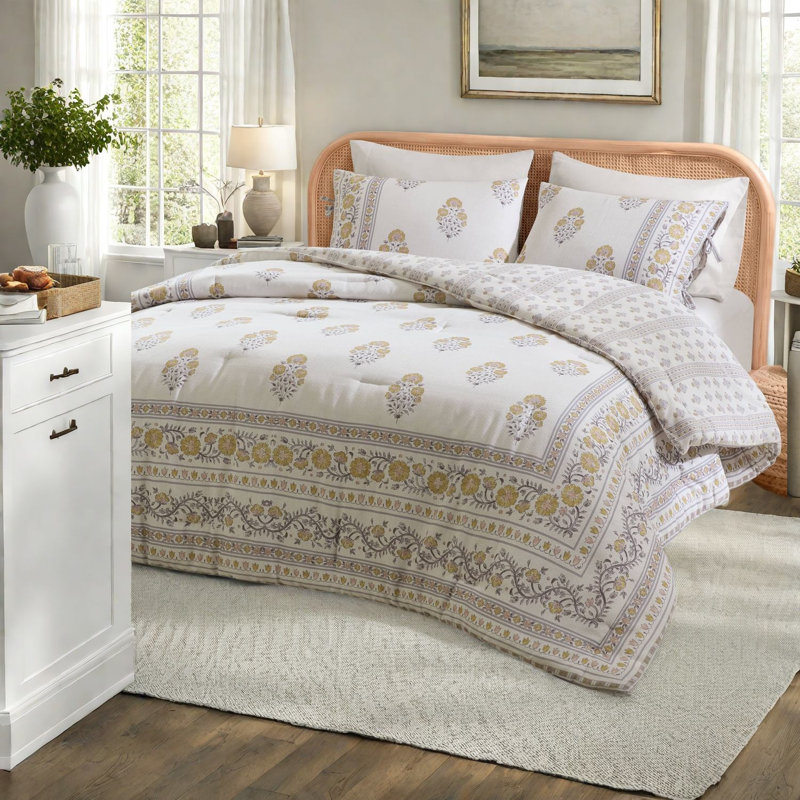 Ensemble de literie King/Cal King, en coton riche à motifs floraux or rose.