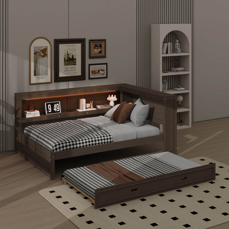 Lit de jour multifonctionnel en L avec lit gigogne, tablettes de rangement, ports USB et éclairage DEL, Bois antique