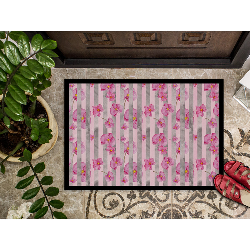 Tapis de porte d’extérieur anti-dérapants à rayures de fleurs Belinda, Rectangle 1 pi 6 po x 2 pi 3 po