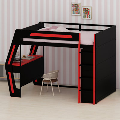 Lit mezzanine moderne avec bureau et lumières RVB intelligentes, ports USB, grand espace de rangement et escaliers de sécurité pour les adolescents et les adultes