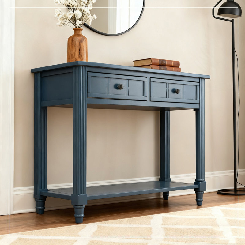 Console avec deux tiroirs et tablette inférieure, Bleu marine foncé
