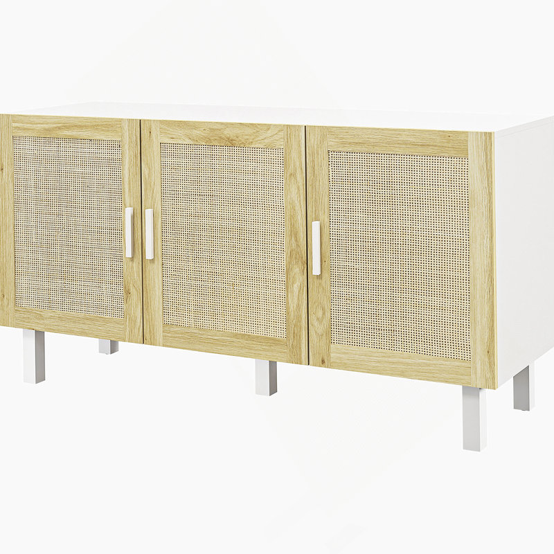 White & Natural 3 Rattan Doors Sideboard Buffet Cabinet, White
