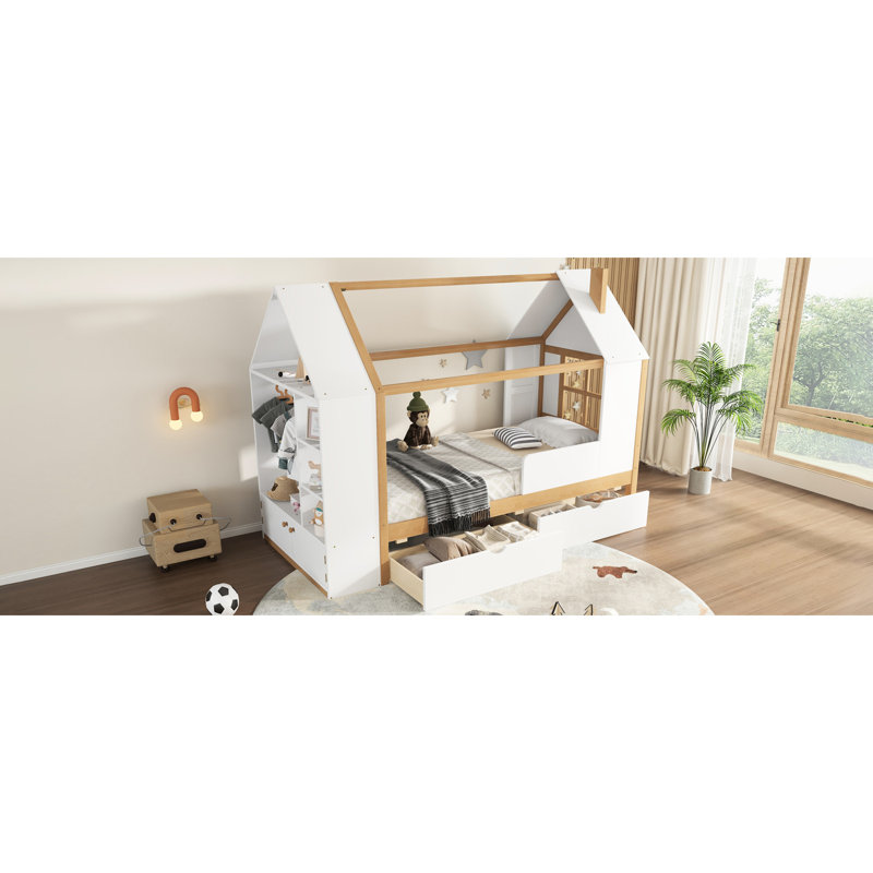 Lit simple en bois massif blanc et naturel avec tiroirs et tablettes