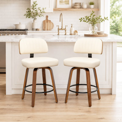 Tabourets de comptoir pivotants rembourrés en cuir de polyuréthane de style Mid-Century avec dossier courbé en bois