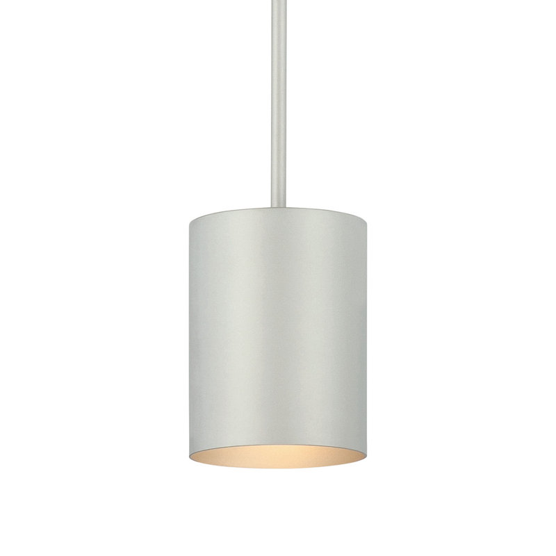 1-Light Integrated LED Indoor or Outdoor Silver Gray Aluminum Mini Cylinder Downrod Pendant,  6.75" H x 5'' W x 5'' D
